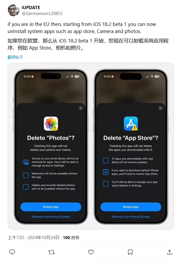 洛隆苹果手机维修分享iOS 18.2 支持删除 App Store 应用商店 