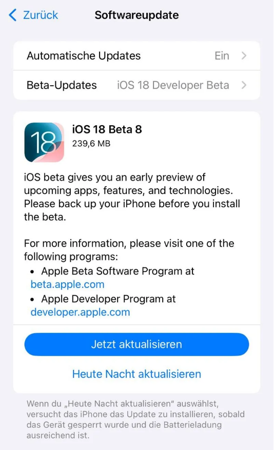 洛隆苹果手机维修分享苹果 iOS / iPadOS 18 开发者预览版 Beta 8 发布 